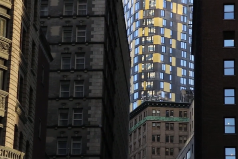 Screenshot from the video. A variety of buildings in manhattan New York