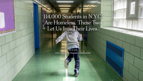 front page of the story on NY Times. Back of a homeless boy running in school hall way. 